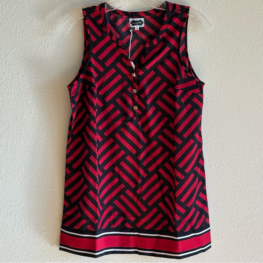 NWT Mud Pie Women's Red and Black Patterned Blouse Sleeveless Size S